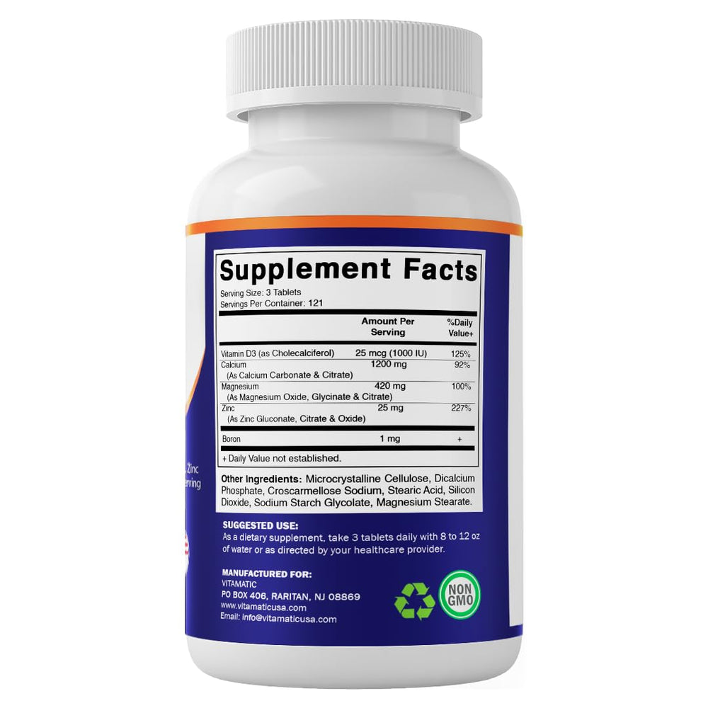 Vitamatic Calcium Magnesium Zinc D3 Boron bottle highlights D3 1000 IU per serving