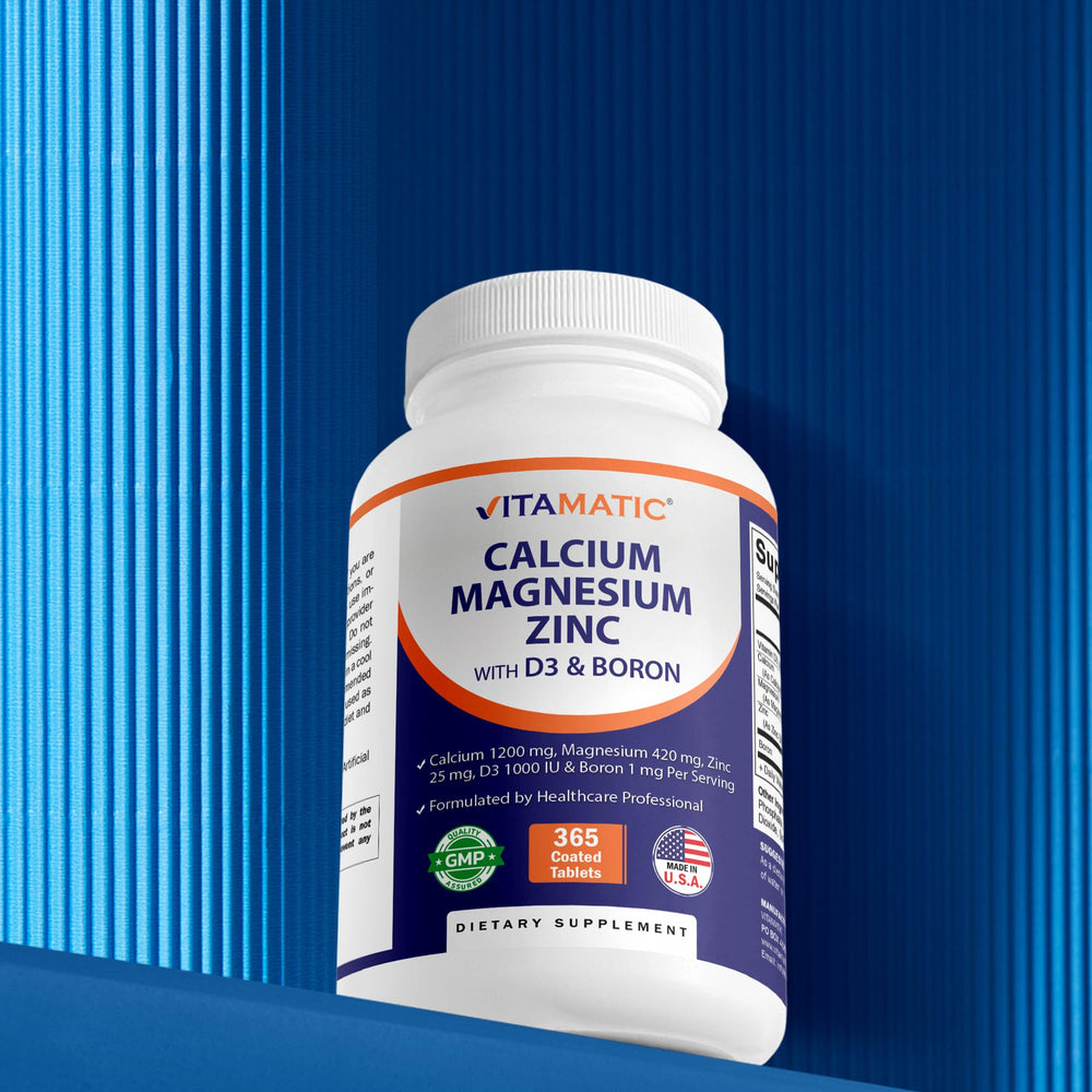 Vitamatic Calcium Magnesium Zinc D3 Boron non-GMO and gluten-free labeling