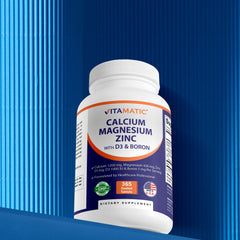Vitamatic Calcium Magnesium Zinc D3 Boron non-GMO and gluten-free labeling