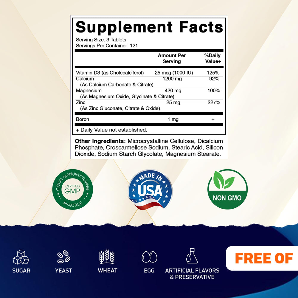 Vitamatic Calcium Magnesium Zinc D3 Boron tablets closeup coated for easy daily use