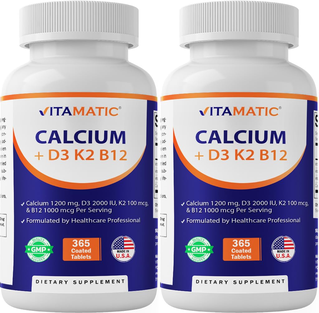 Vitamatic calcium bottle showing 1200mg calcium with D3 for bone support