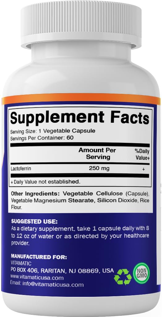 Vitamatic Lactoferrin capsules in blister pack close-up.