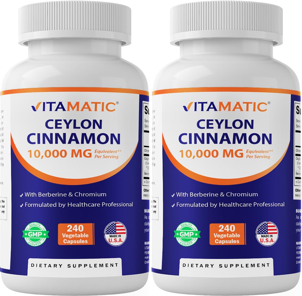 Vitamatic Ceylon Cinnamon bottle front with 240 veggie capsules for daily use