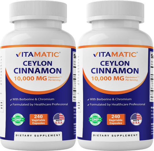 Vitamatic Ceylon Cinnamon bottle front with 240 veggie capsules for daily use