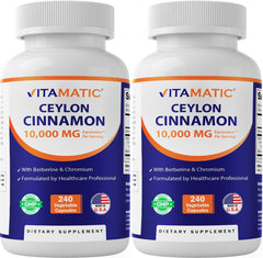 Vitamatic Ceylon Cinnamon bottle front with 240 veggie capsules for daily use