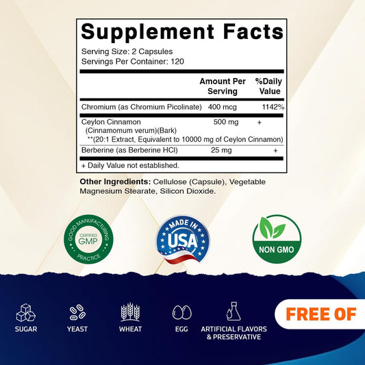 Vitamatic Ceylon Cinnamon bottle label close-up showing gluten-free, non-GMO formula