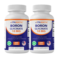 Vitamatic chelated boron 10 mg tablets close-up showing bottle and supplement detail for bone support.