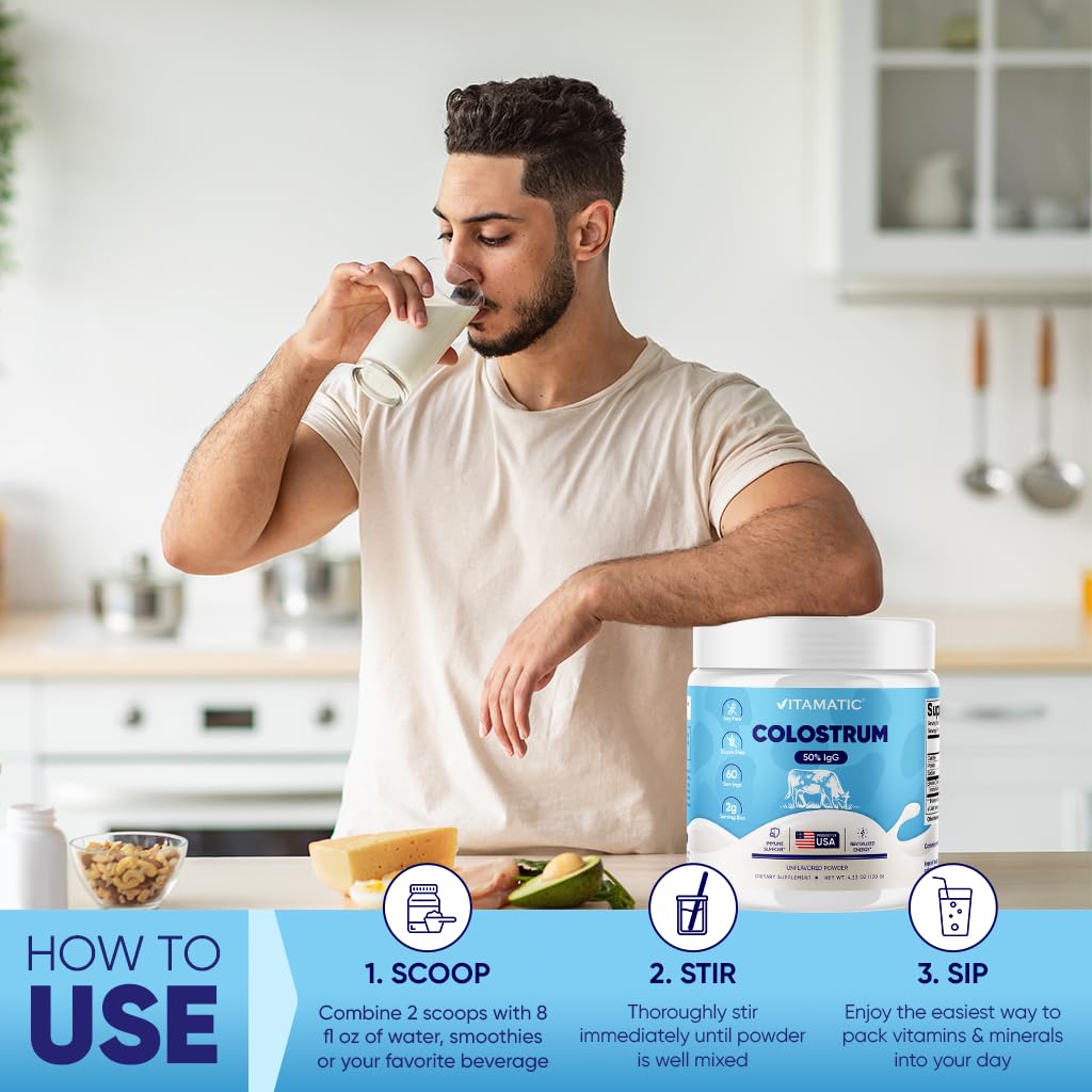 Label on Vitamatic colostrum powder container shows 60 servings and IgG content.