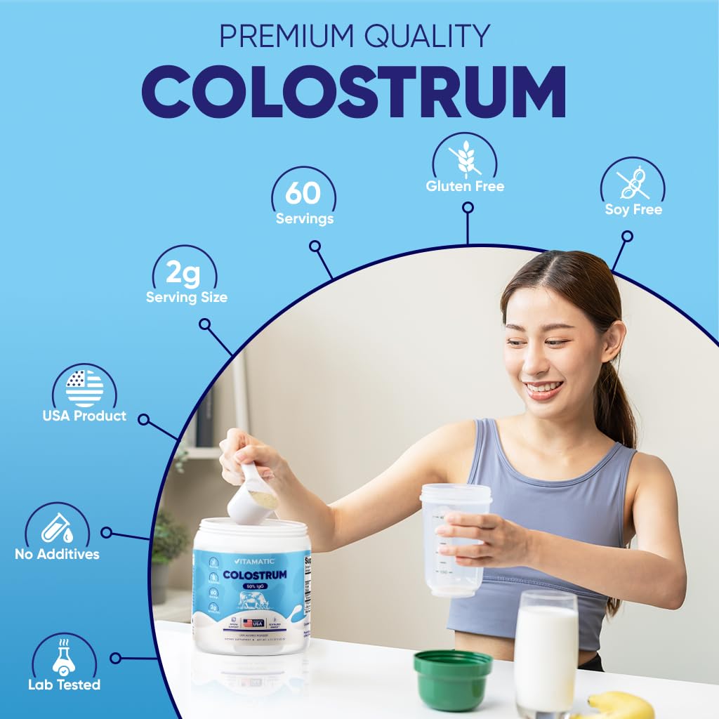 Colostrum powder being poured into a glass for versatile beverage mixing with Vitamatic.