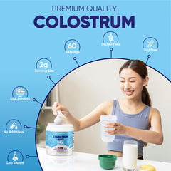 Colostrum powder being poured into a glass for versatile beverage mixing with Vitamatic.