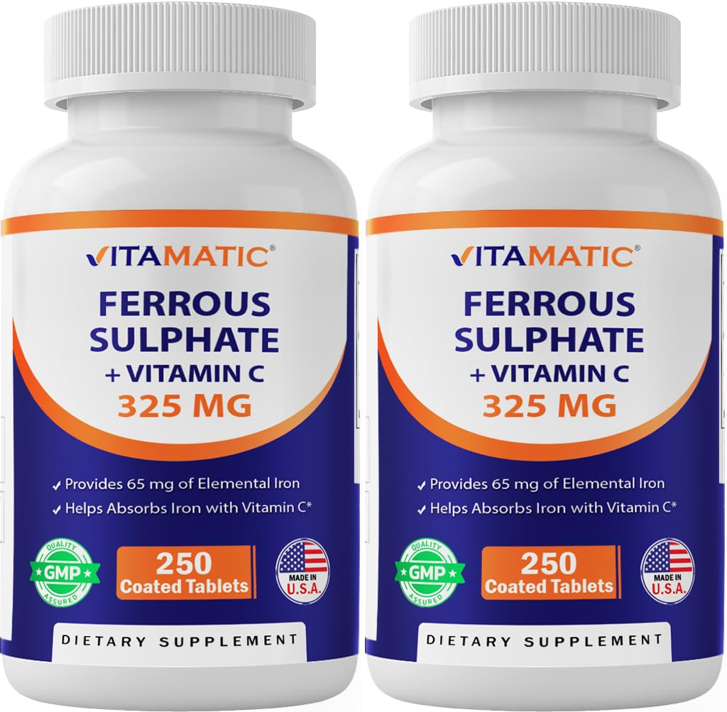 Vitamatic Ferrous Sulfate 65mg elemental iron tablets in bottle for daily use.