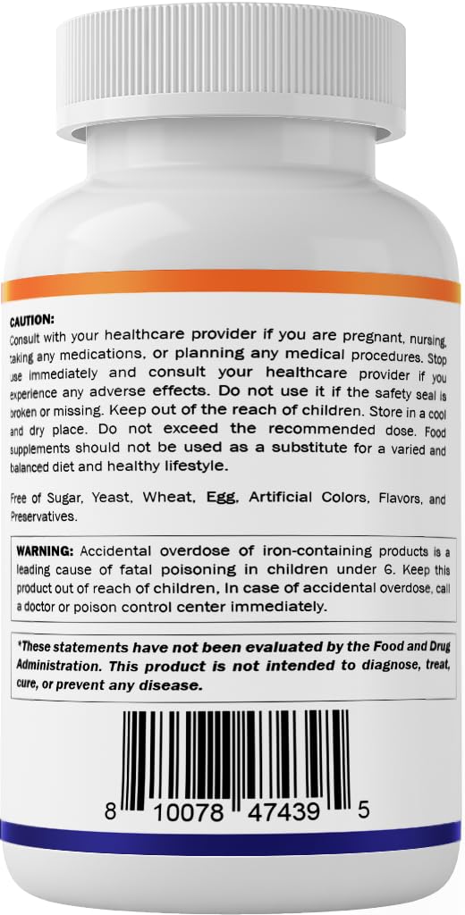 USA-made supplement packaging communicates quality and absence of artificial colors.