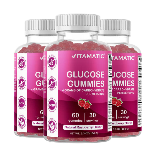Vitamatic Glucose Chewables bottle front with natural raspberry flavor
