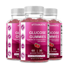 Vitamatic Glucose Chewables bottle front with natural raspberry flavor
