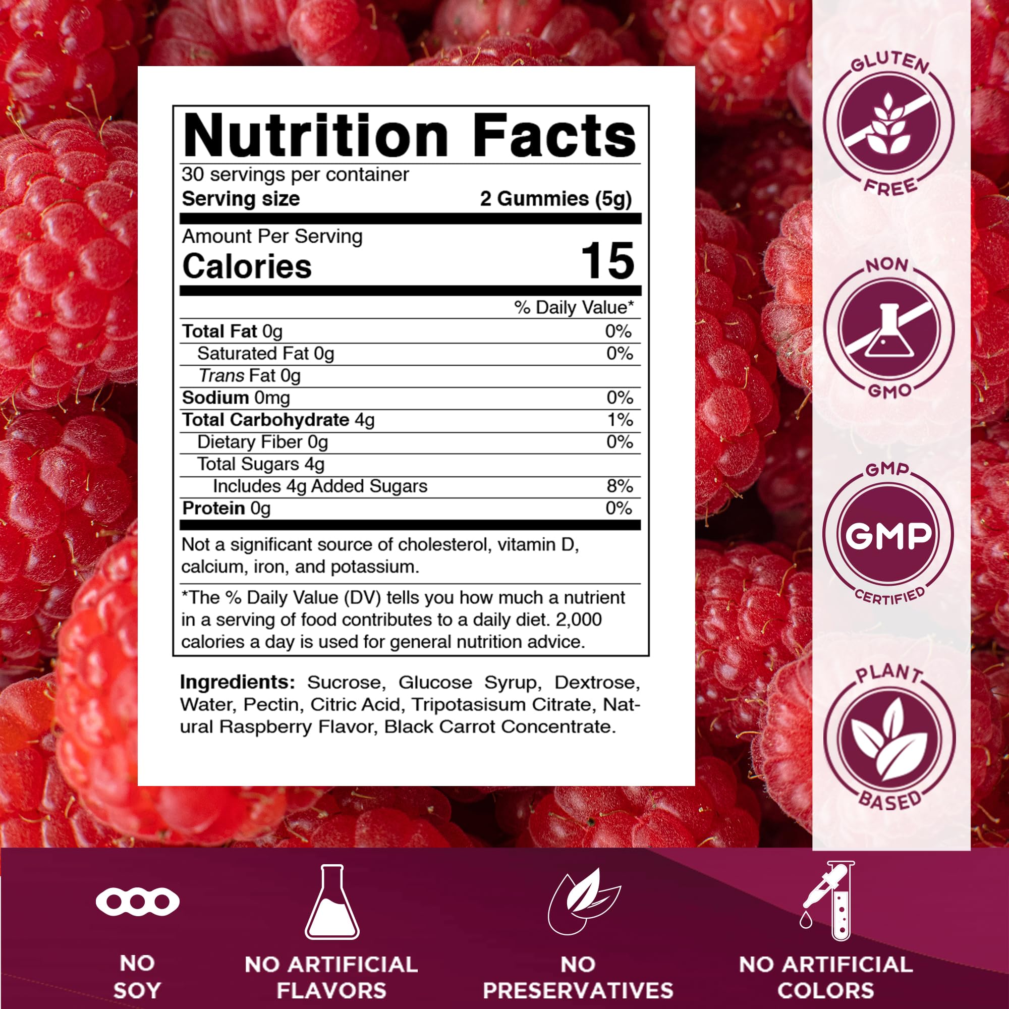 Gummies close-up showing raspberry flavor and soft texture