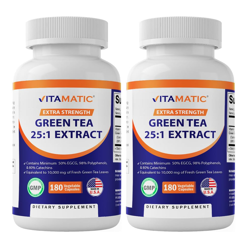 Vitamatic green tea extract bottle showing 25x concentrate for daily use