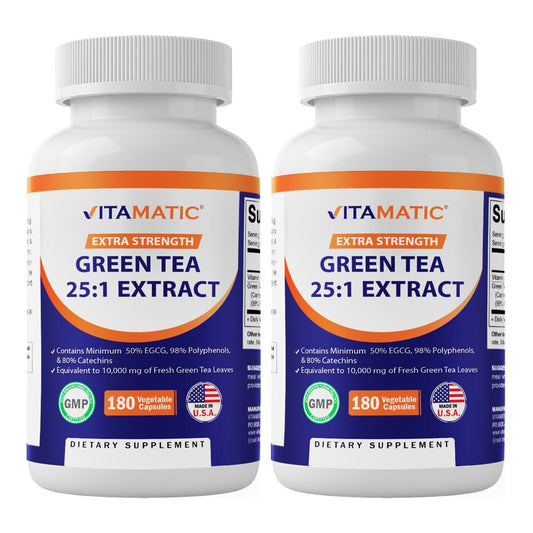 Vitamatic green tea extract bottle showing 25x concentrate for daily use