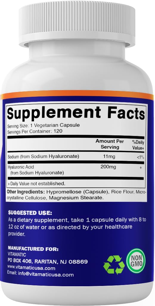 Vitamatic Hyaluronic Acid brand logo on packaging for trusted daily use.
