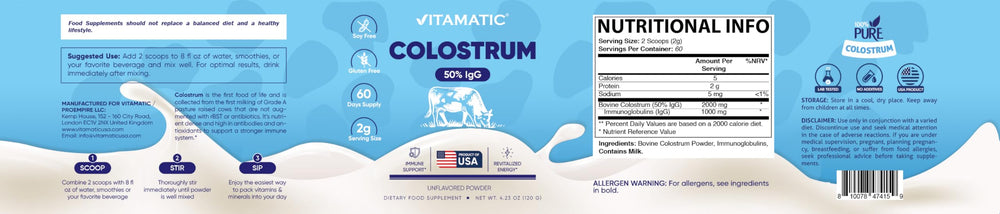 Ingredient panel on Vitamatic product highlights 50% IgG and purity