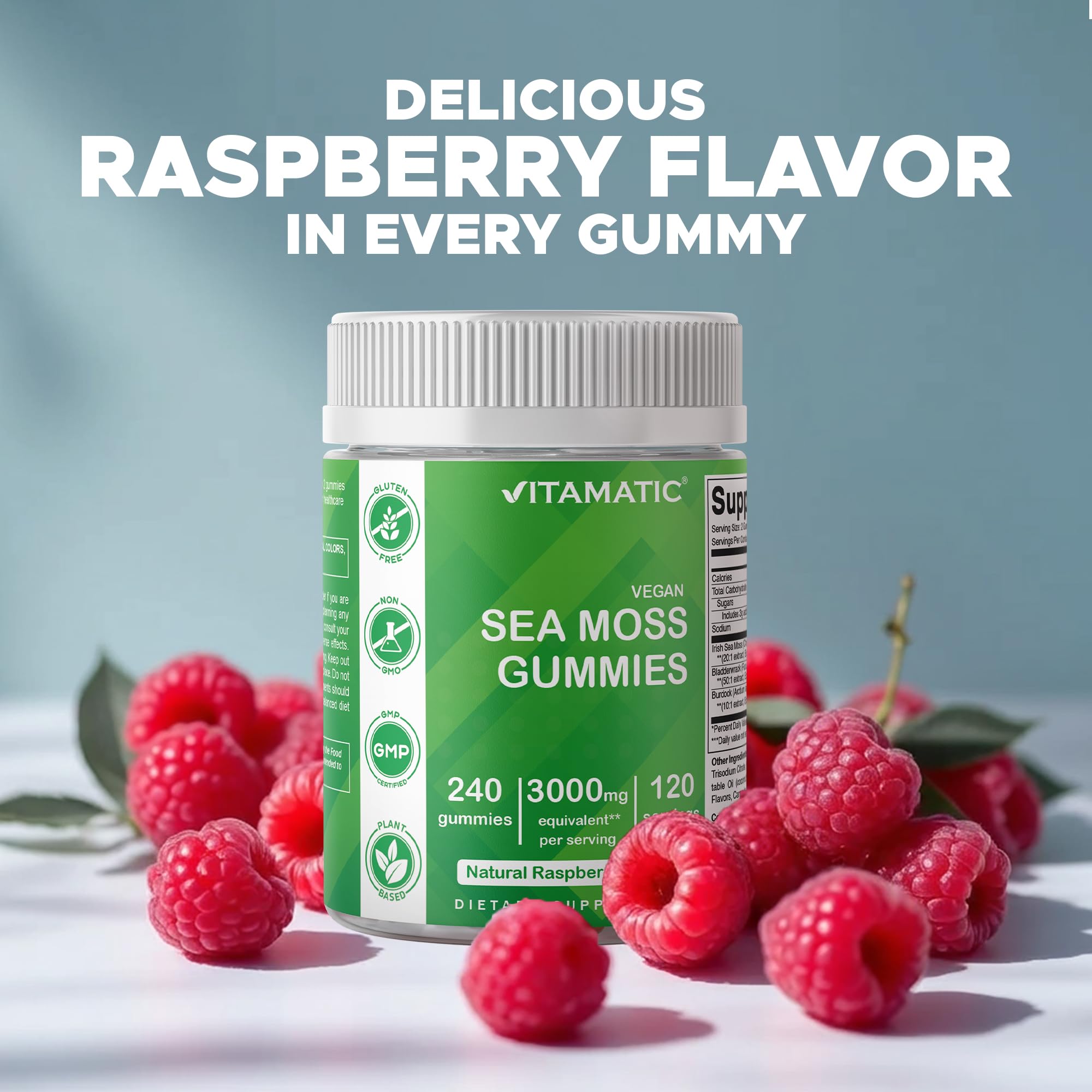 Nutrition facts showing 3000 mg per daily serving for Vitamatic gummies.