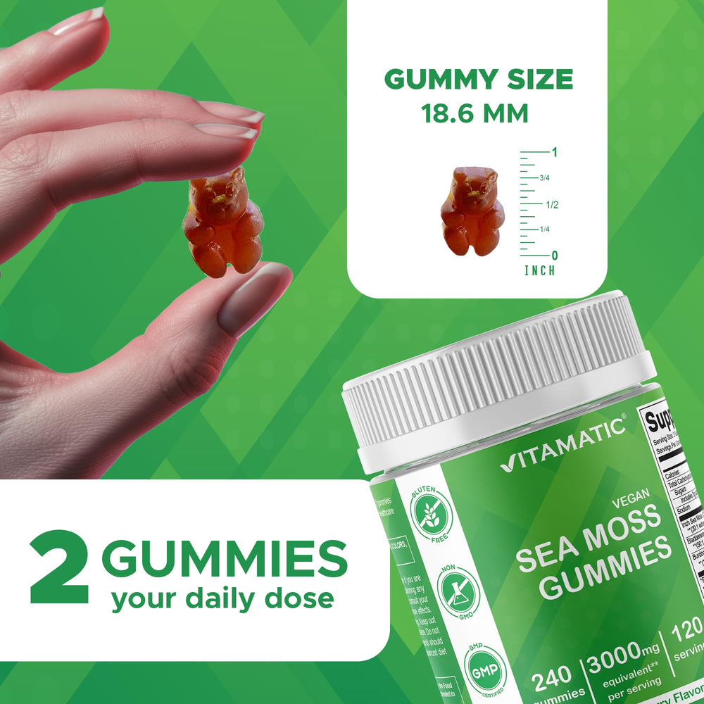Gummies with bladderwrack and burdock root highlight blended sea moss formula.