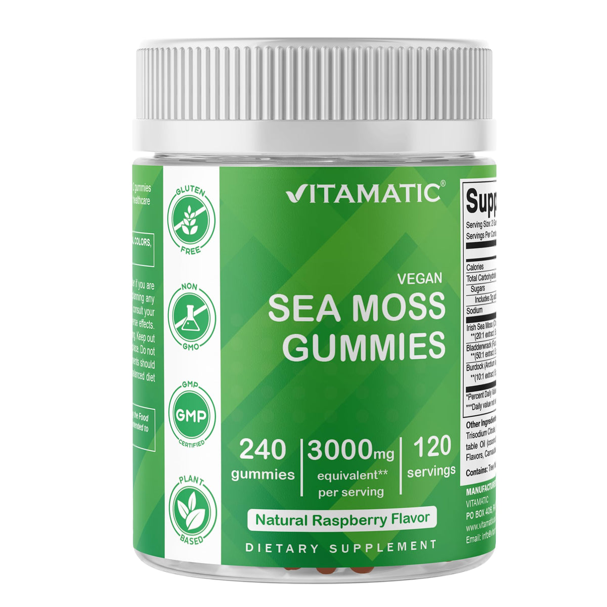 Vitamatic Irish Sea Moss Gummies bottle with raspberry flavor for easy daily use.