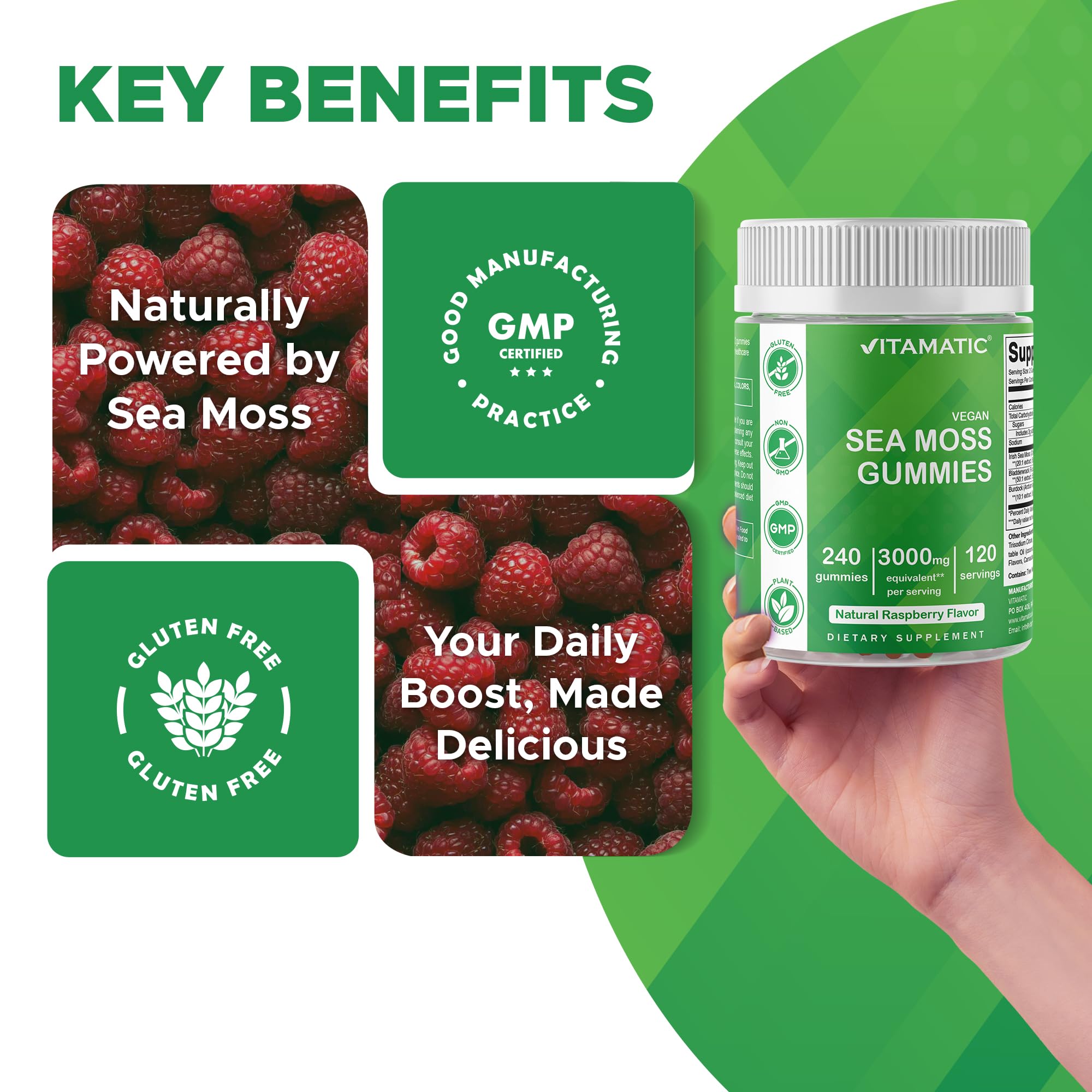 Gluten-free Vitamatic Sea Moss Gummies label visible.