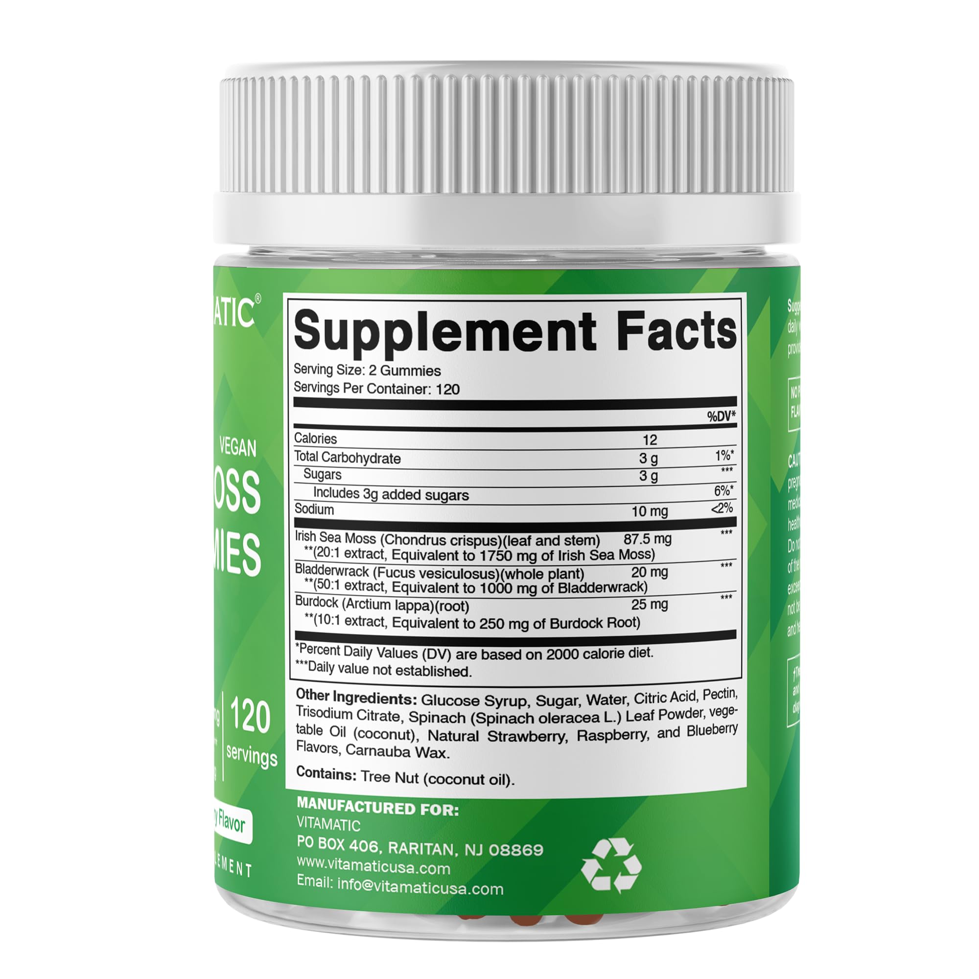 Gummy bottle and nutrition label close-up emphasising sea moss blend.