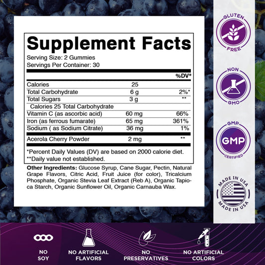 Vitamatic Iron 65 mg gummies closeup highlighting chewy texture and grape taste