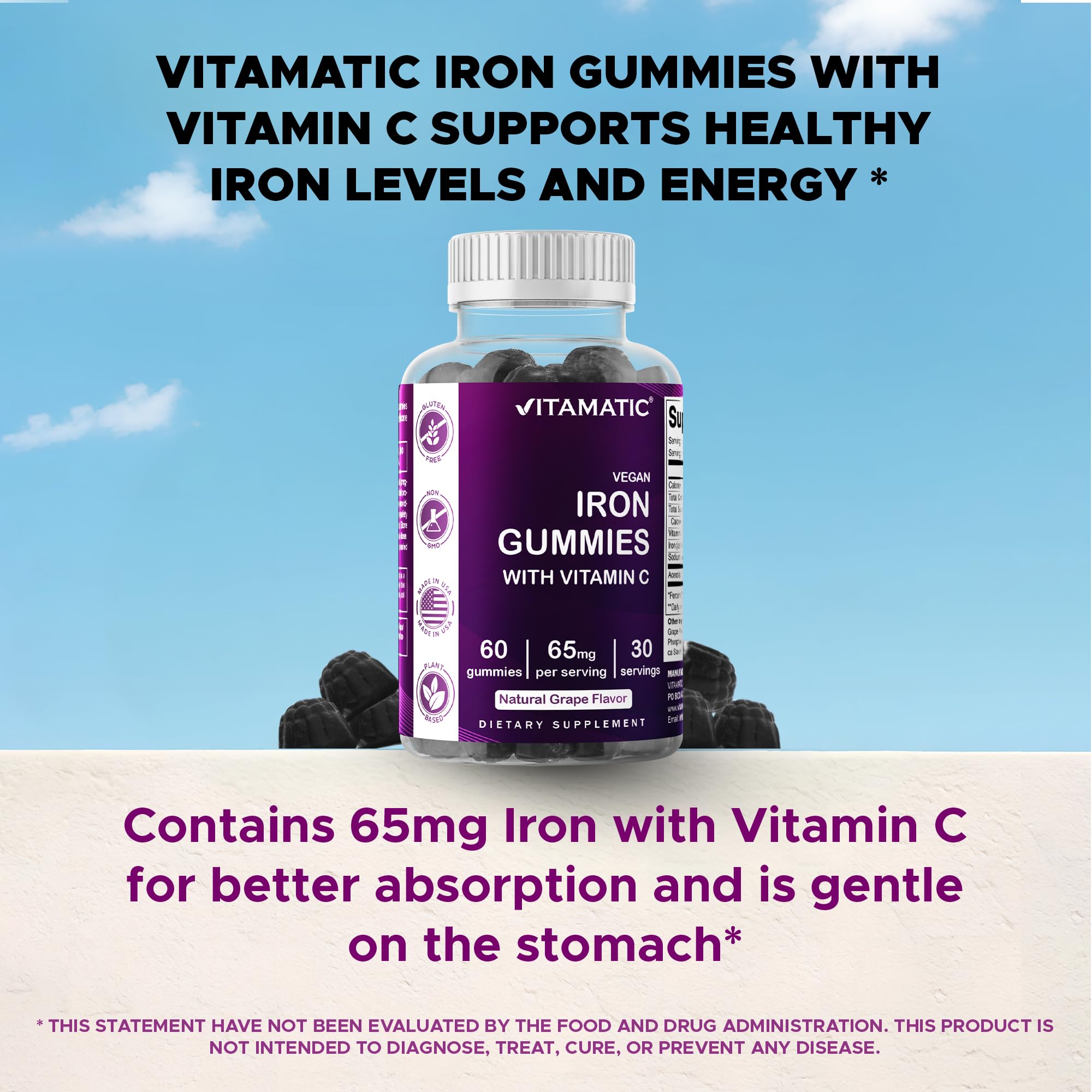 Vitamatic Iron 65 mg gummies natural grape flavor evokes daily ritual