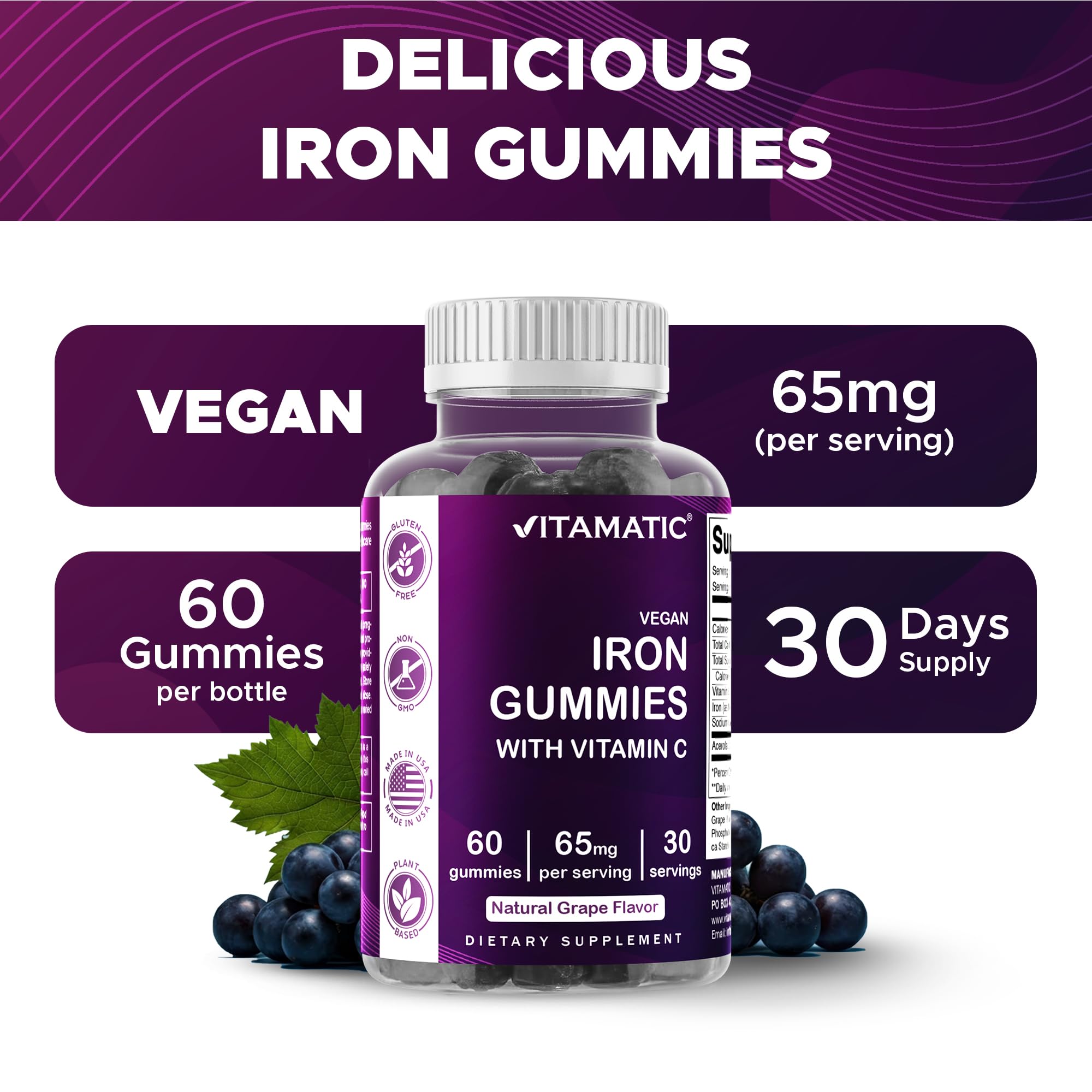 Vitamatic Iron 65 mg gummies packaging emphasizing vegan-friendly ingredients