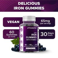 Vitamatic Iron 65 mg gummies packaging emphasizing vegan-friendly ingredients