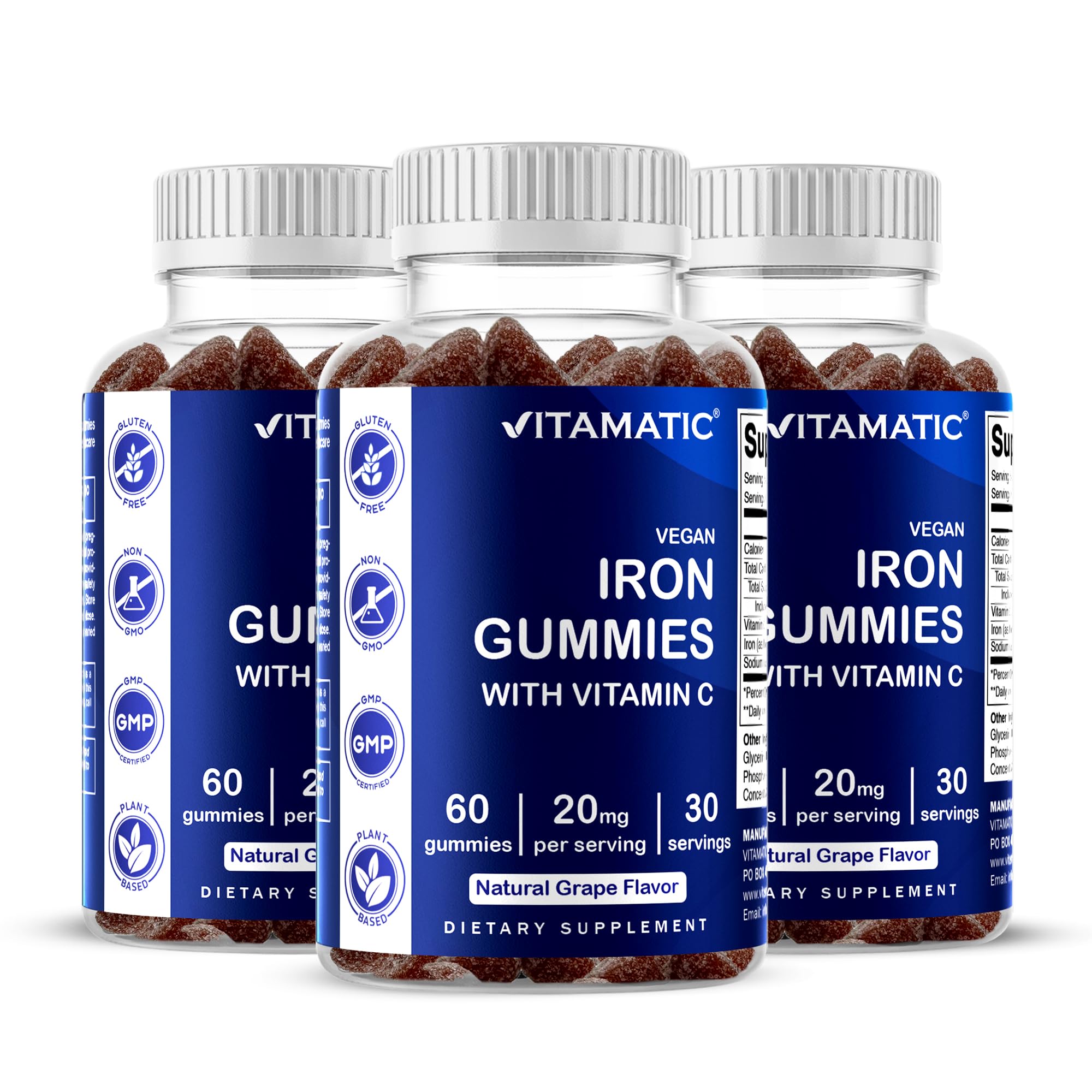 Vitamatic Iron Gummies bottle front for convenient iron and vitamin C support.