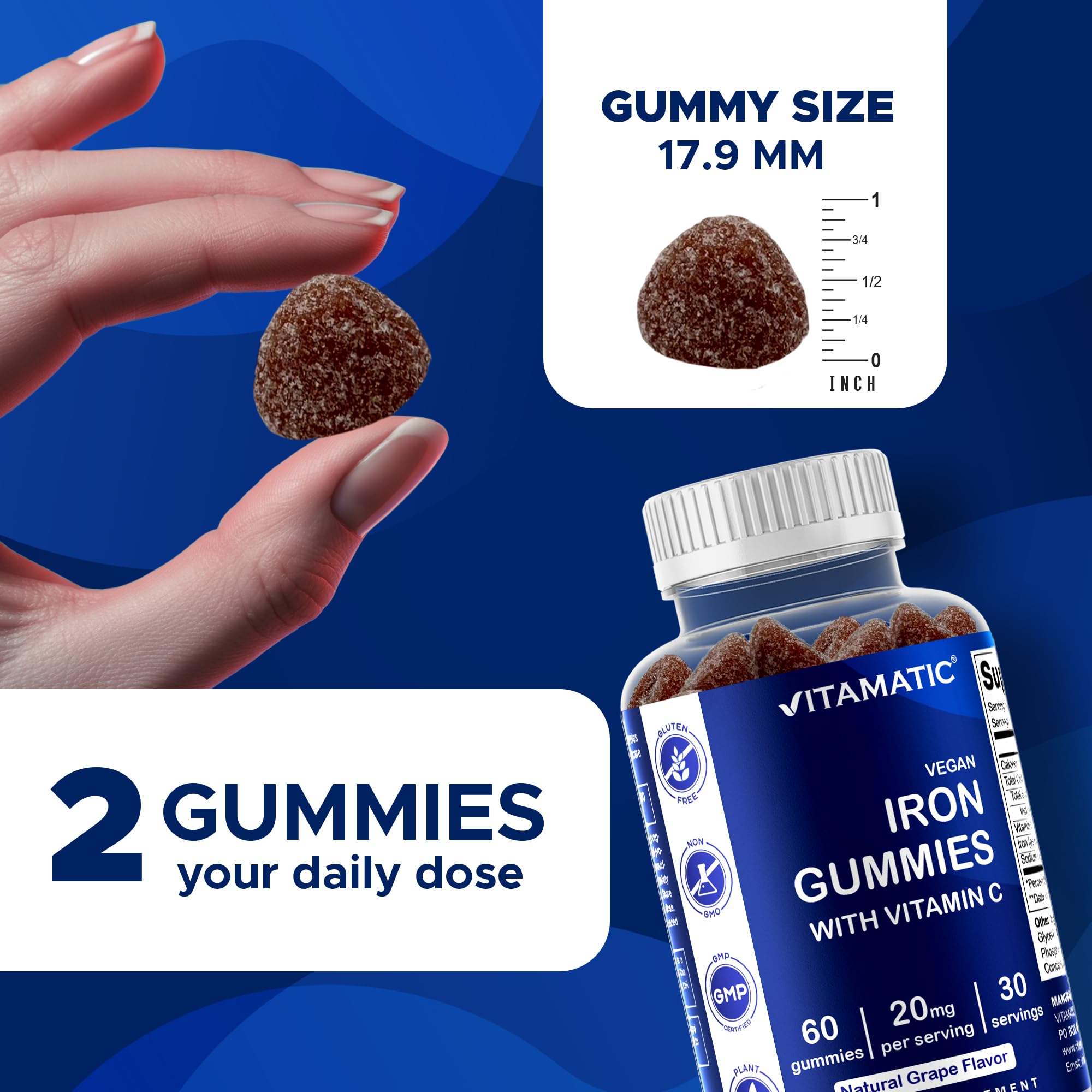 Vitamatic Iron Gummies held in hand, tasty iron support.