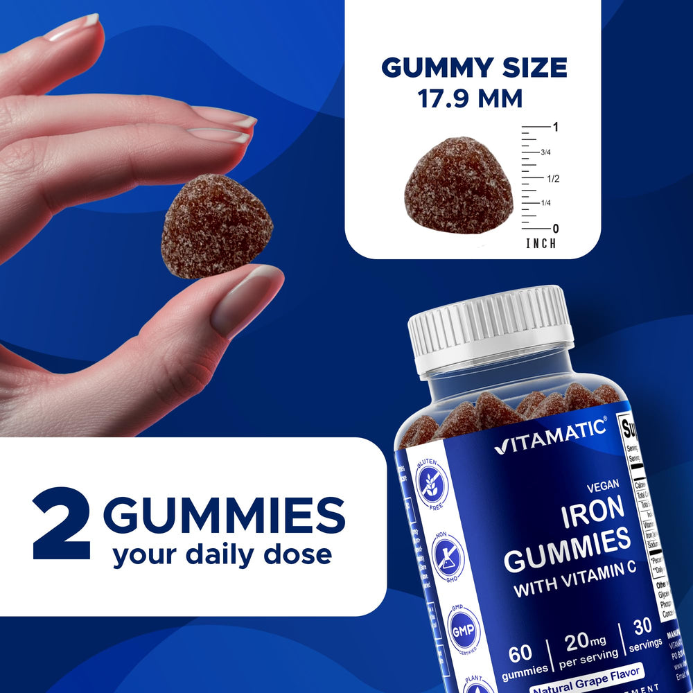Vitamatic Iron Gummies held in hand, tasty iron support.