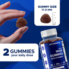 Vitamatic Iron Gummies held in hand, tasty iron support.