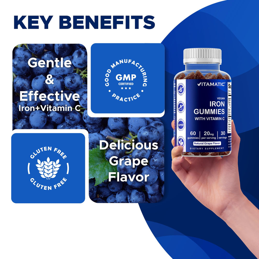 Vitamatic label shows 20 mg iron and 26 mg vitamin C.