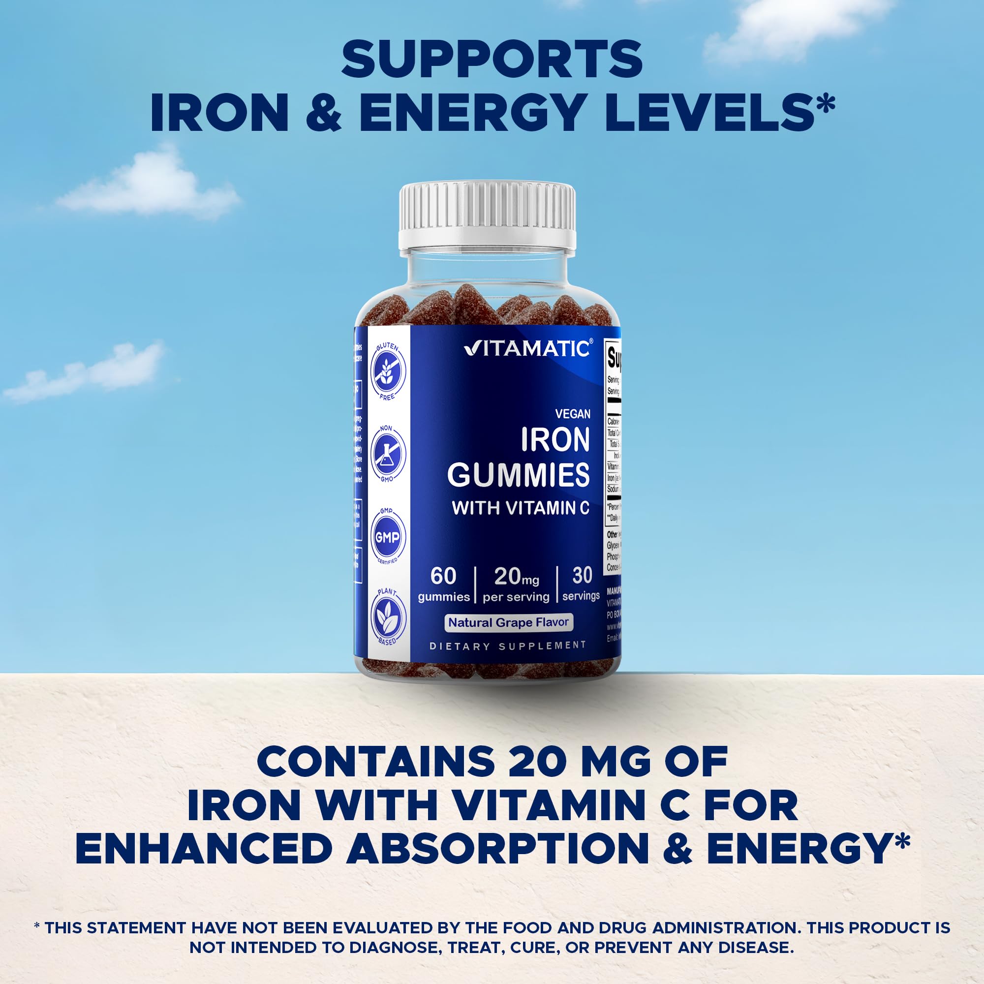 Vitamatic iron gummies vegan-friendly and free from common allergens.