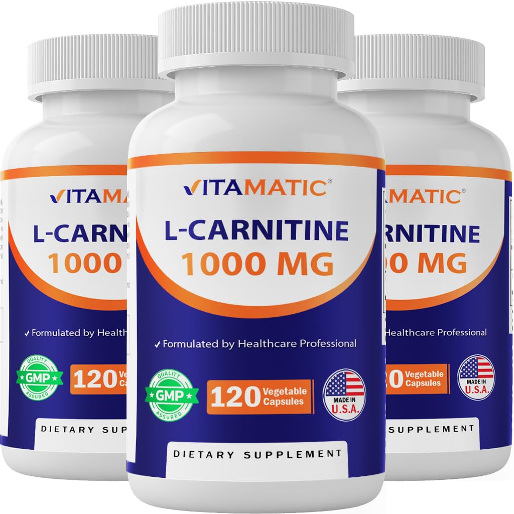 Vitamatic L-Carnitine Fumarate bottle front supports energy for workouts