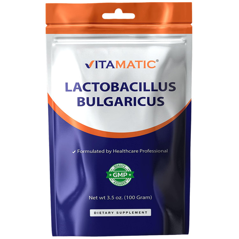 Vitamatic Lactobacillus Bulgaricus powder container for daily digestive balance.
