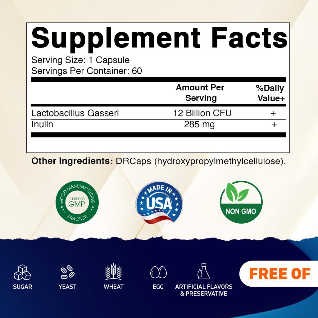 Vitamatic Lactobacillus Gasseri bottle label back explains ingredients and directions for gut balance