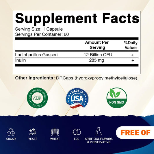 Vitamatic Lactobacillus Gasseri bottle label back explains ingredients and directions for gut balance