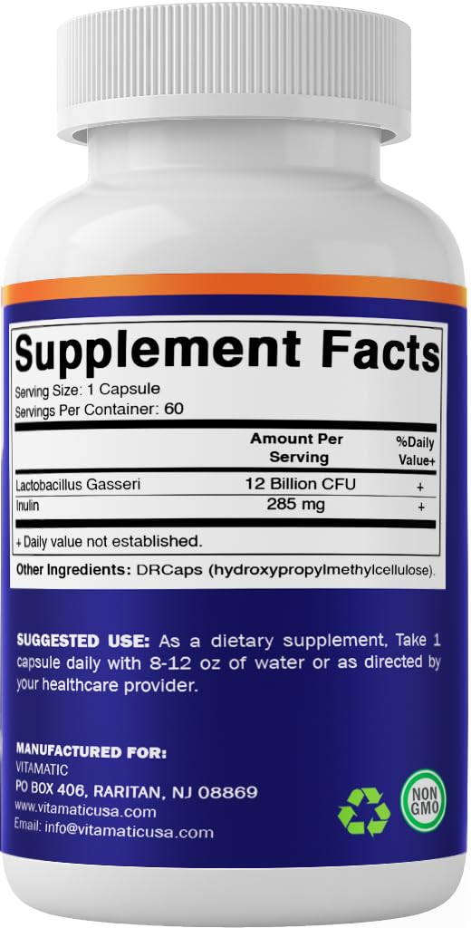 Vitamatic Lactobillus Gasseri made in USA badge signals quality and GMP standards