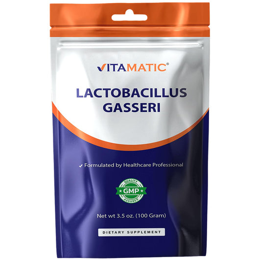 Vitamatic Lactobacillus Gasseri powder label highlighting high potency probiotic for digestive support