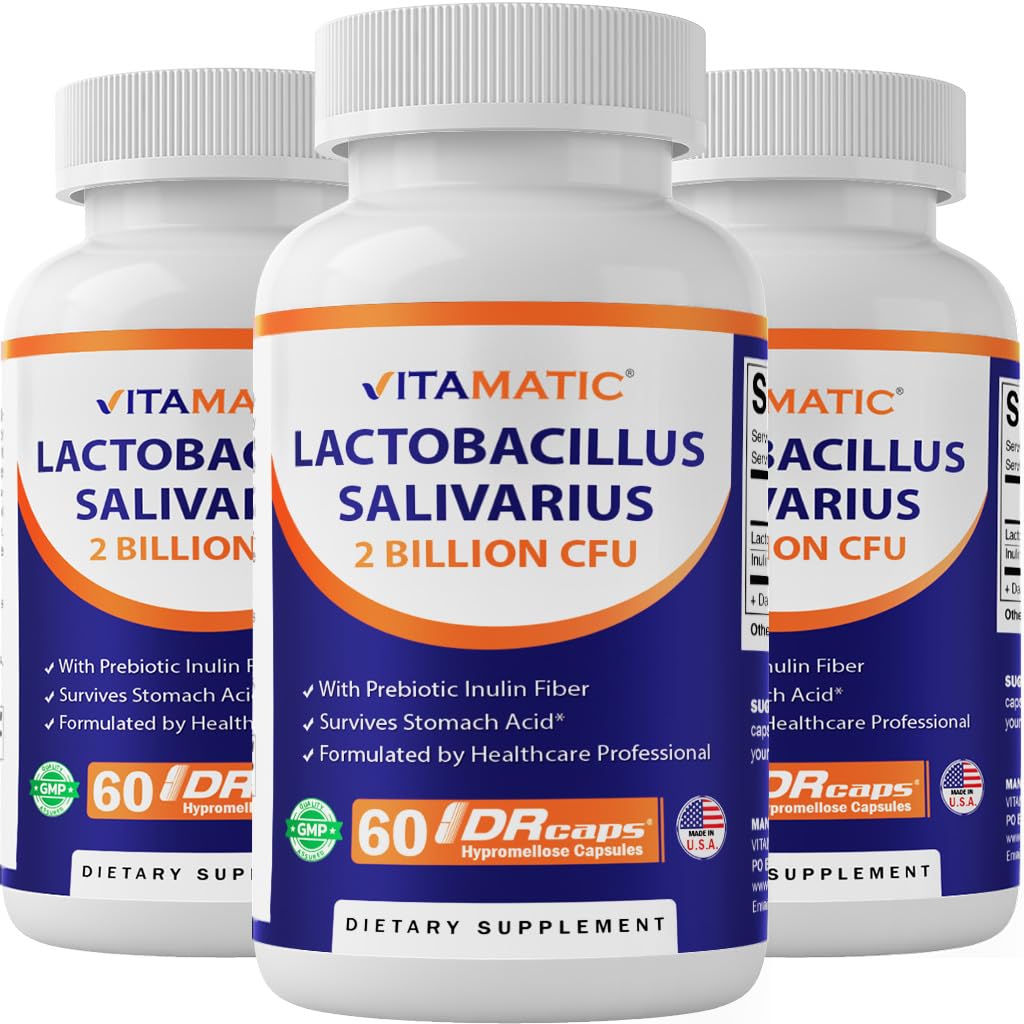 Vitamatic Lactobacillus Salivarius bottle front highlighting digestive support potential