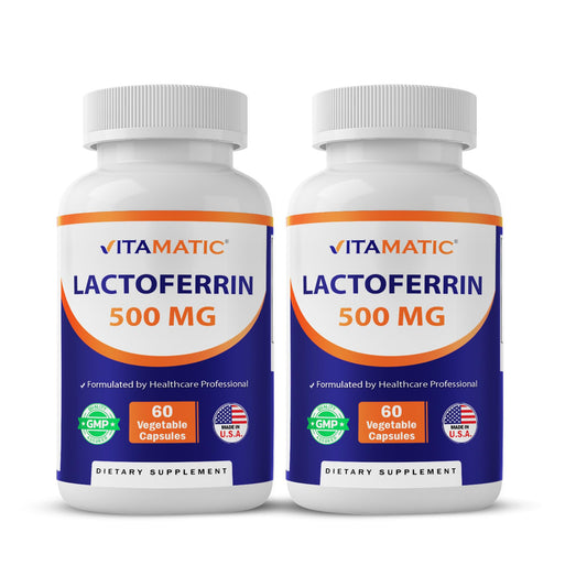 Vitamatic Lactoferrin 500mg bottle front view showing immune support potential