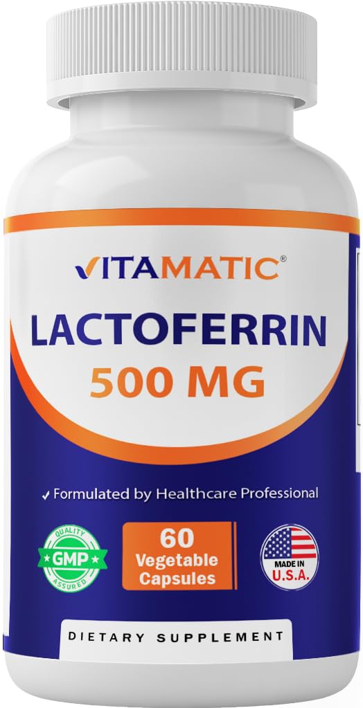 Vitamatic Lactoferrin 500mg bottle with label suggesting immune support.