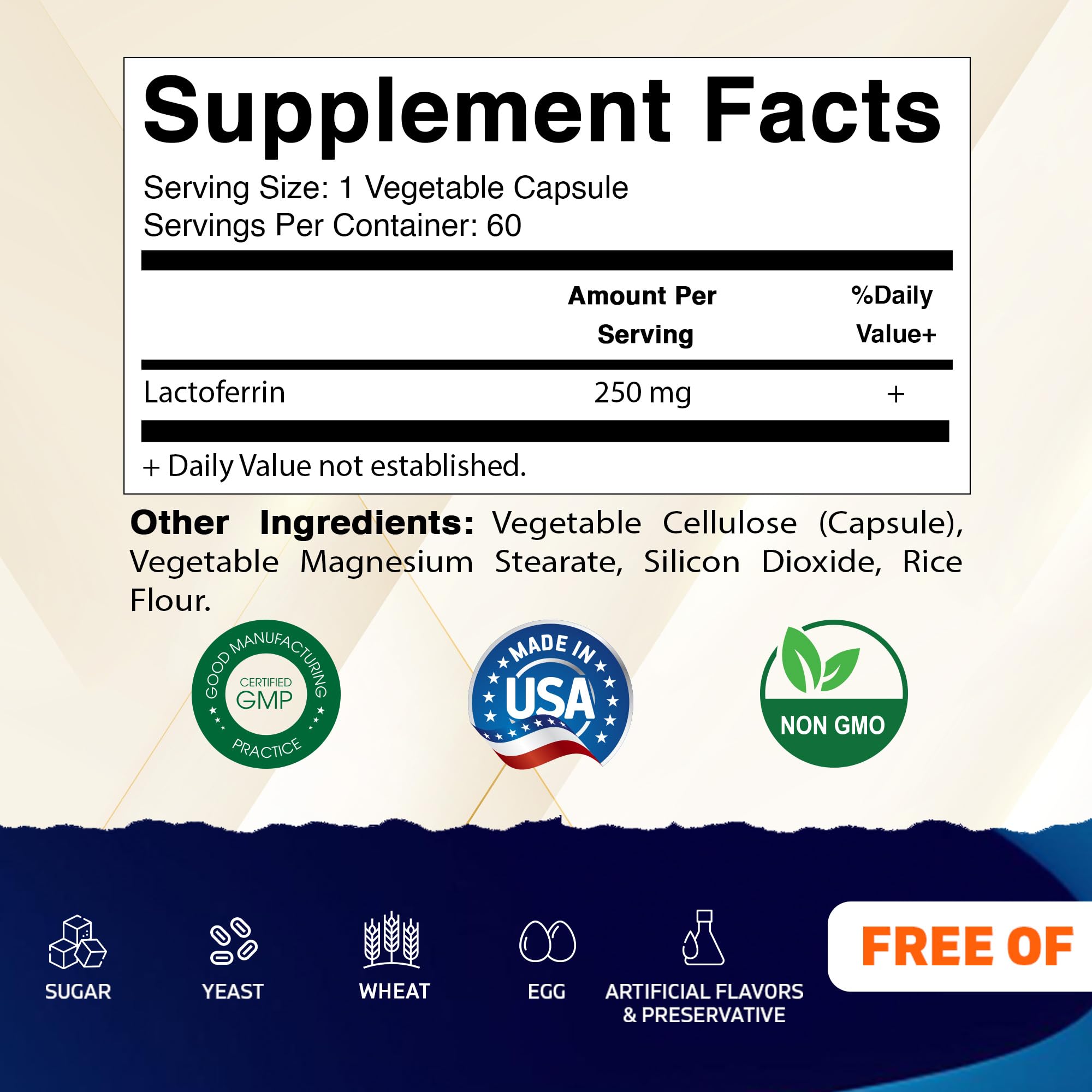 Vitamatic Lactoferrin 60 capsules display for daily immune support.