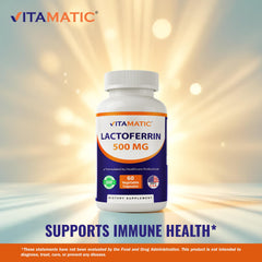 Vitamatic Lactoferrin ingredient panel shows allergen-free ingredients.