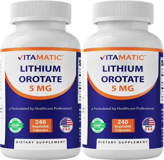 Vitamatic Lithium Orotate 5mg capsules, bottle on a clean counter for daily use